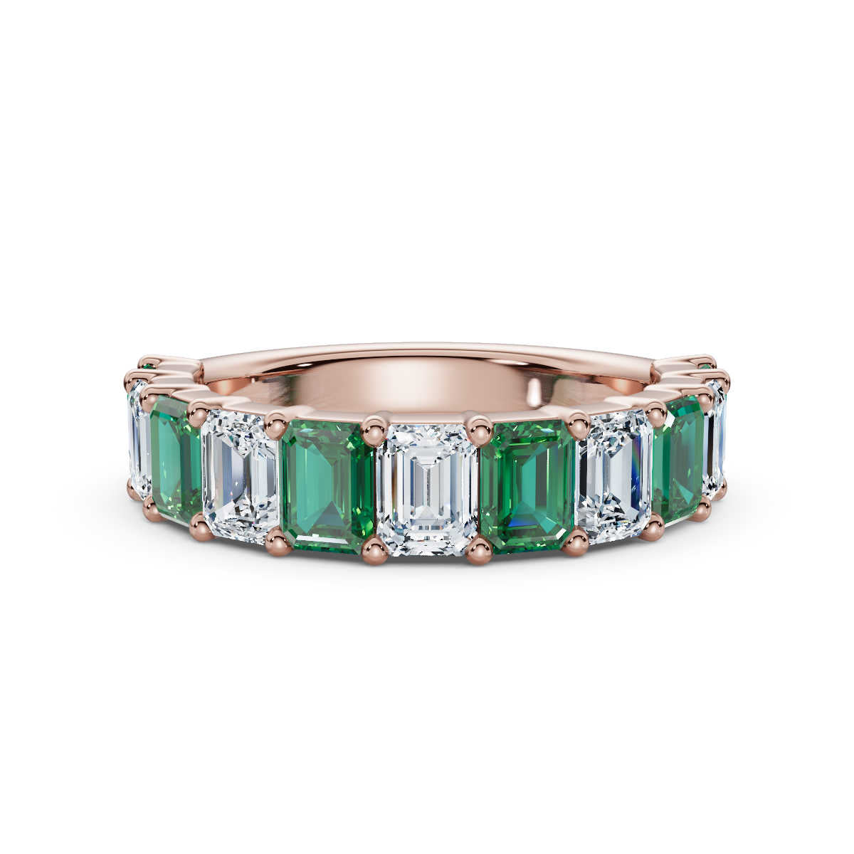 The Paradigm Band: Alternating Green & White Emerald-Cut 2.2 CWT Diamond Ring in 14K Rose Gold