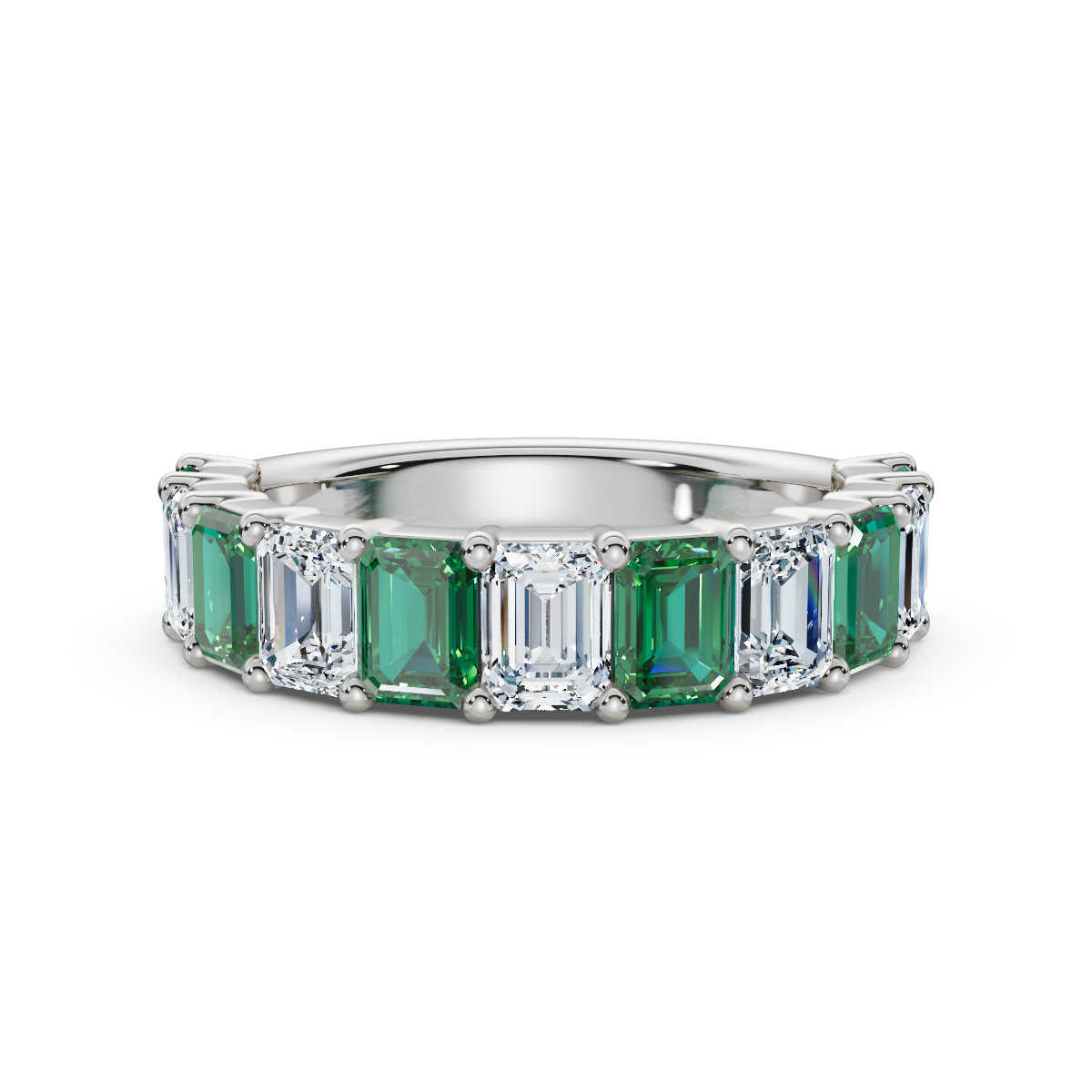 The Paradigm Band: Alternating Green & White Emerald-Cut Diamond Ring in 14K White Gold