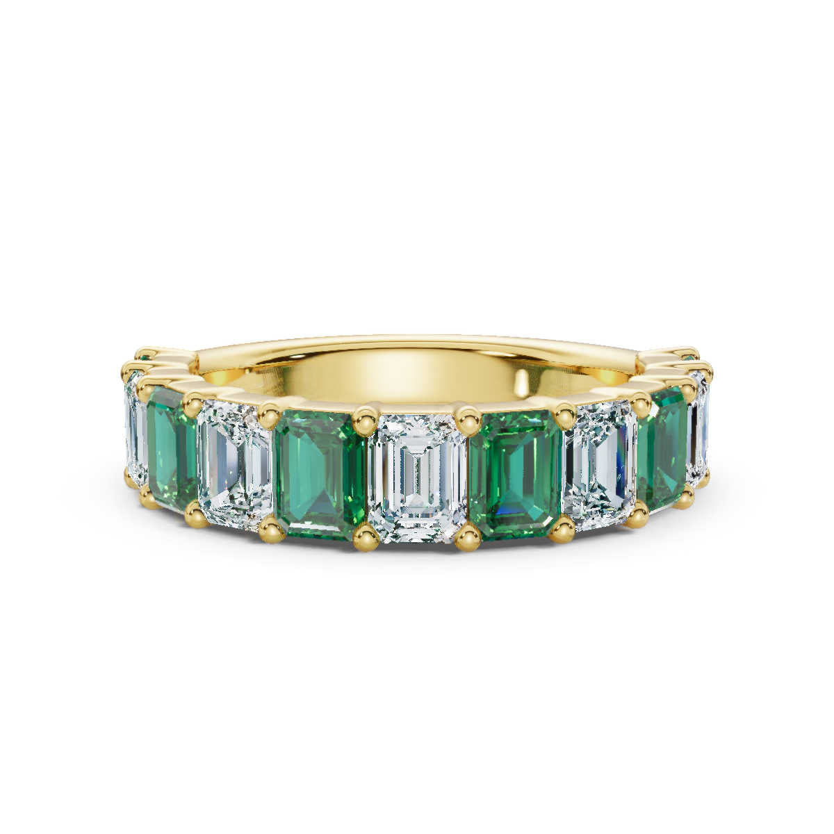 The Paradigm Band: Alternating Green & White Emerald-Cut 2.2 CWT Diamond Ring in 14K Yellow Gold Ring