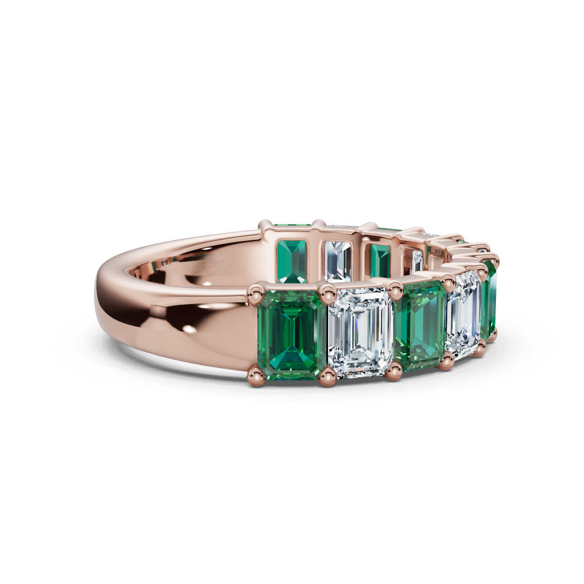 The Paradigm Band: Alternating Green & White Emerald-Cut 2.2 CWT Diamond Ring in 14K Rose Gold