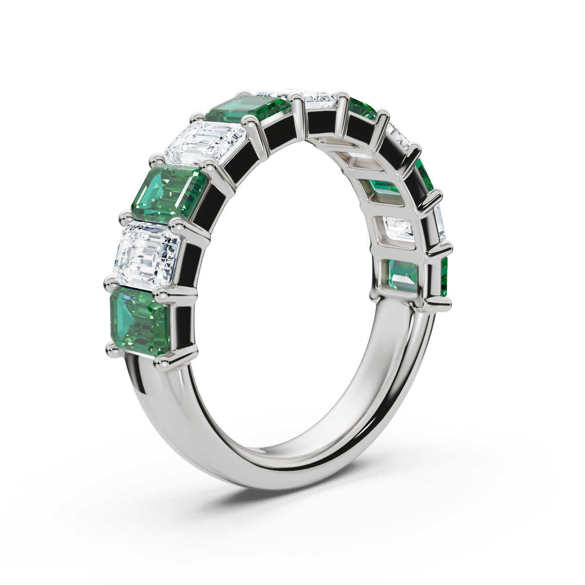 The Paradigm Band: Alternating Green & White Emerald-Cut Diamond Ring in 14K White Gold