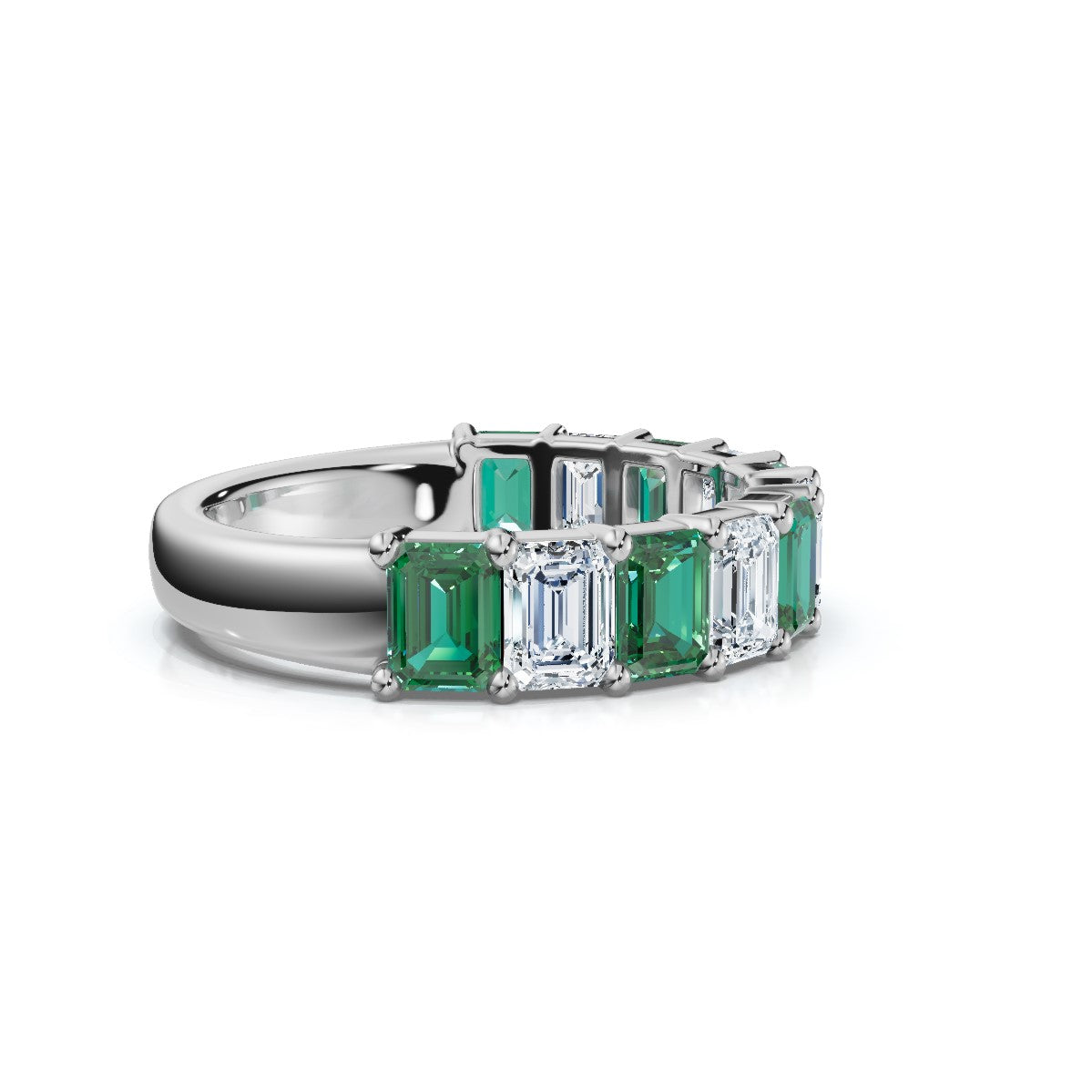 The Paradigm Band: Alternating Green & White Emerald-Cut Diamond Ring in 14K White Gold