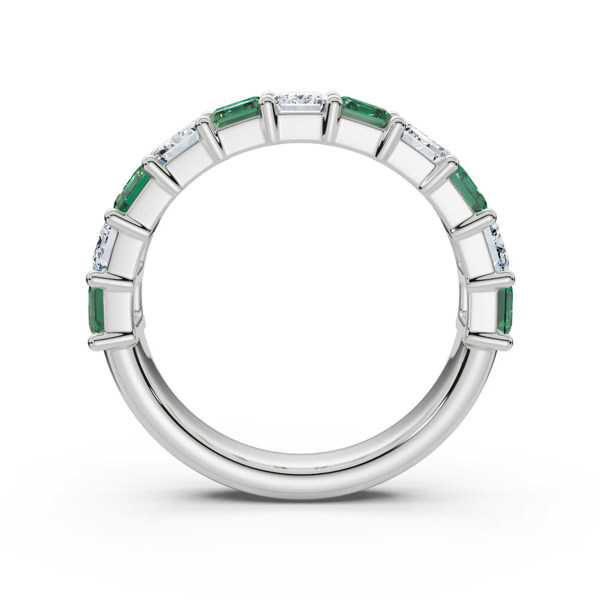 The Paradigm Band: Alternating Green & White Emerald-Cut Diamond Ring in 14K White Gold