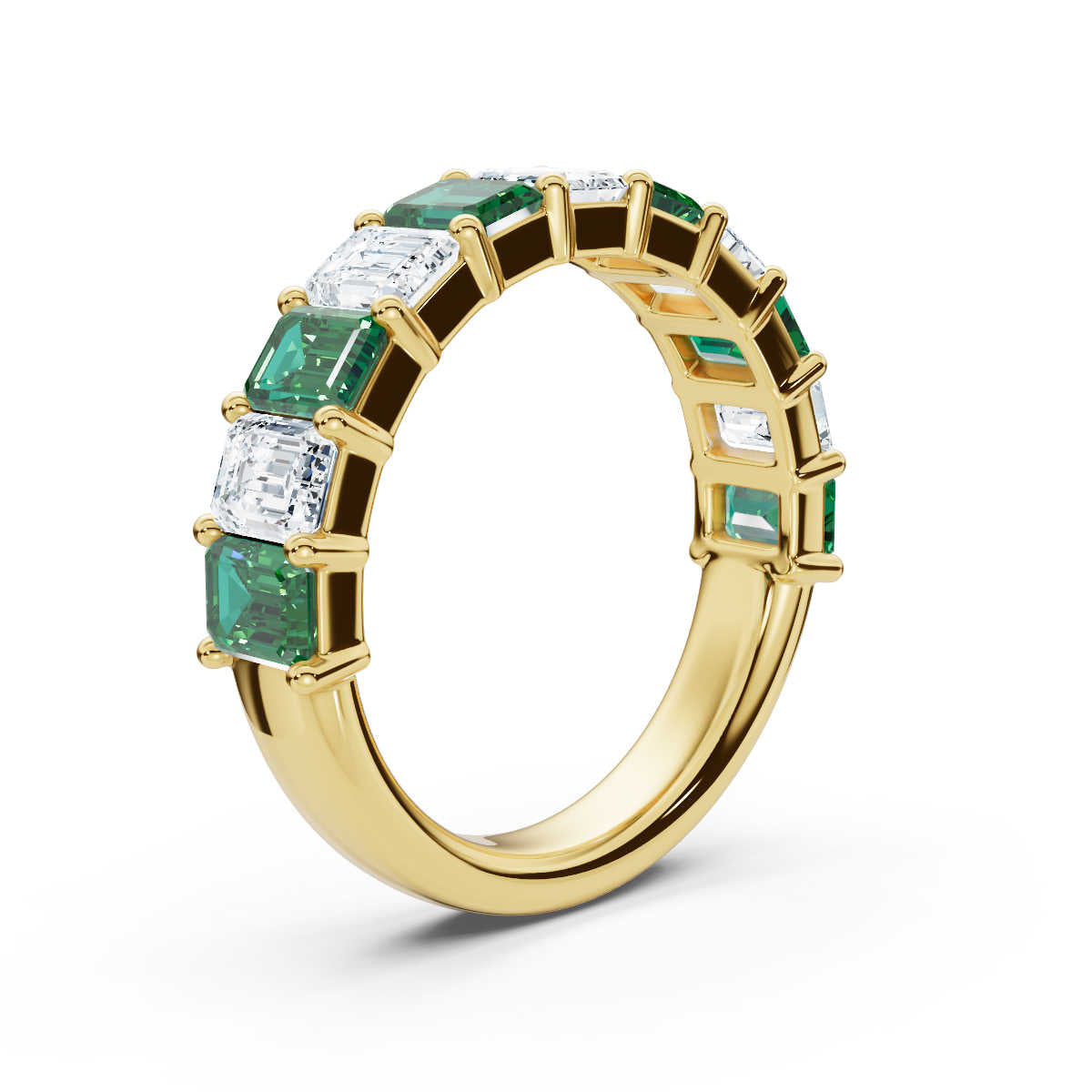 The Paradigm Band: Alternating Green & White Emerald-Cut 2.2 CWT Diamond Ring in 14K Yellow Gold Ring