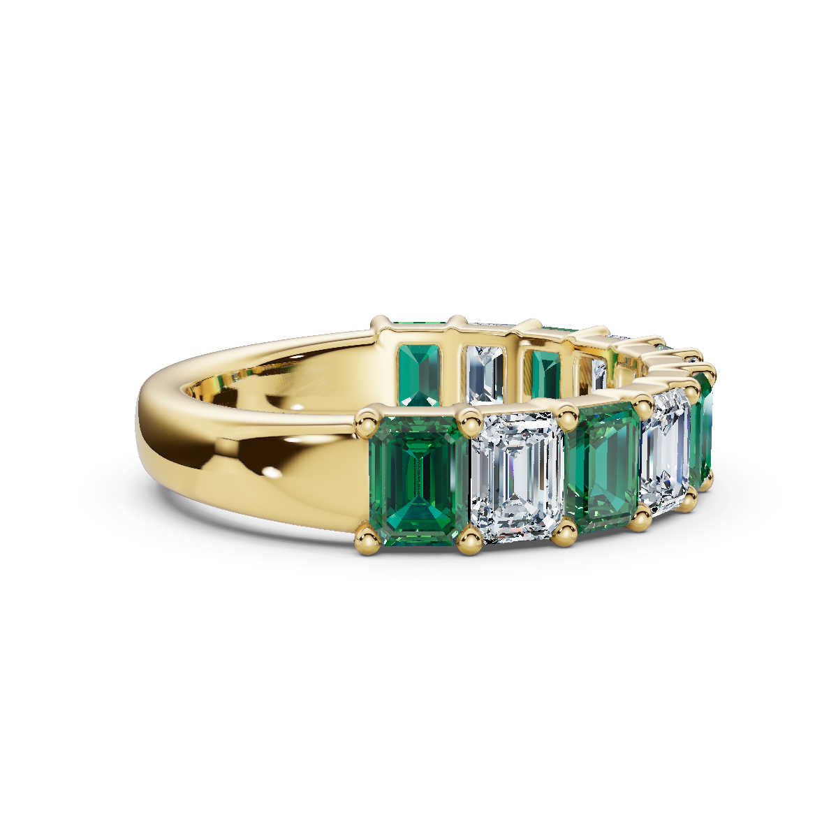 The Paradigm Band: Alternating Green & White Emerald-Cut 2.2 CWT Diamond Ring in 14K Yellow Gold Ring