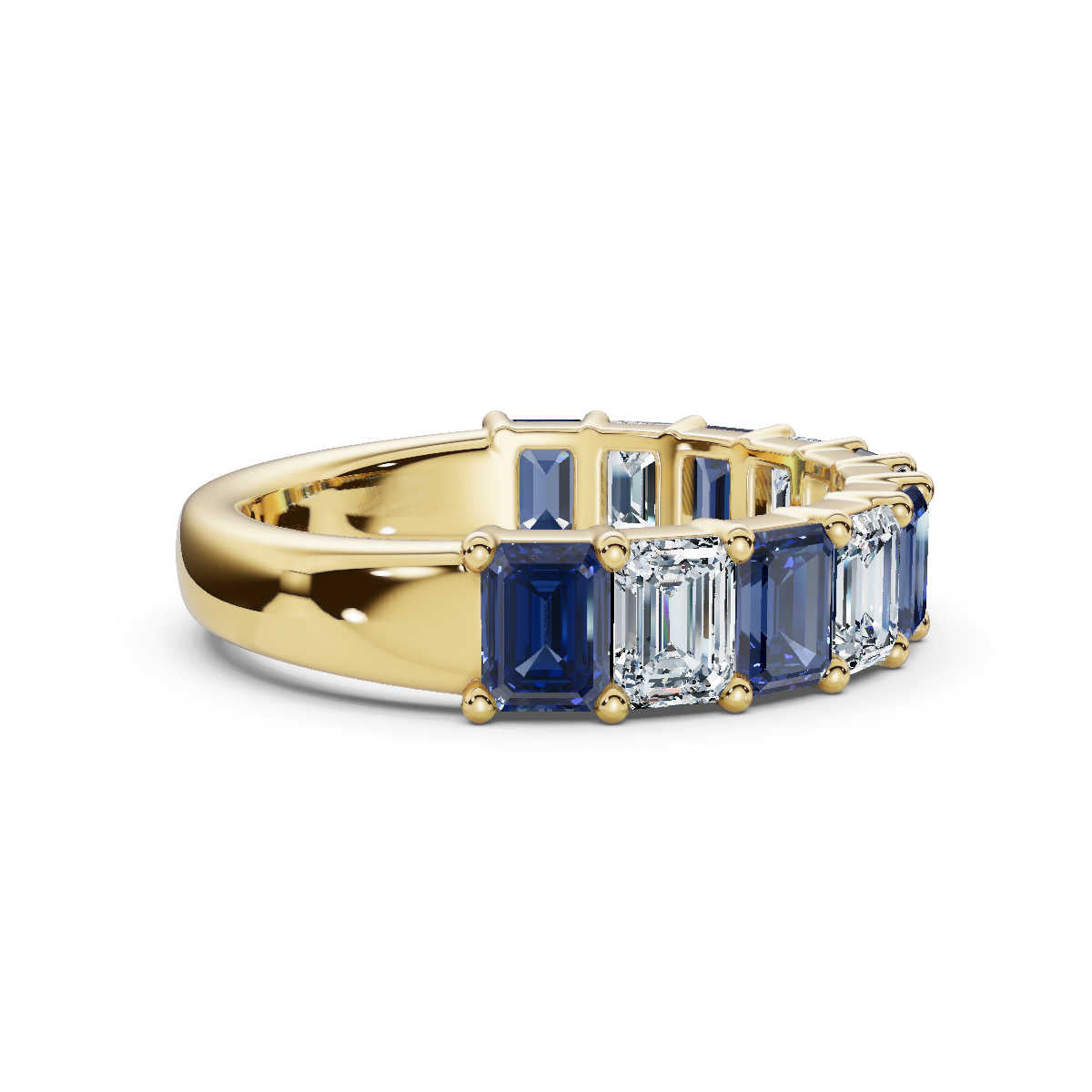 The Paradigm Band: 2.20 CTW Alternating White & Blue Emerald-Cut Lab-Grown Diamond Ring in 14K -18K Yellow Gold