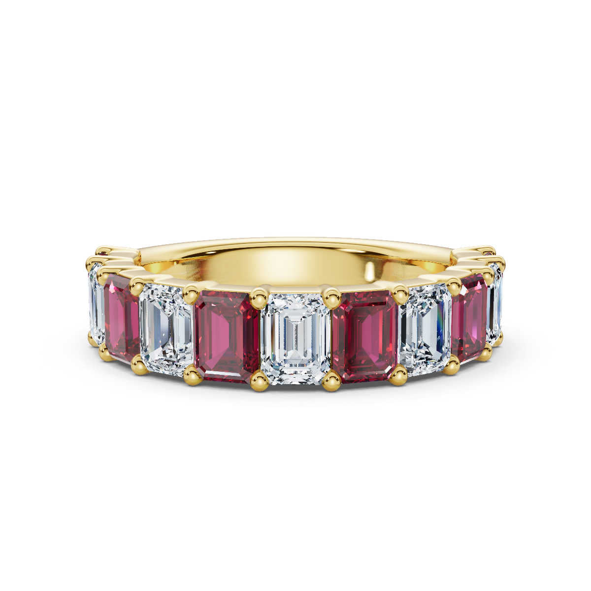 The Paradigm Band: Alternating Pink & White Emerald-Cut 2.2 CWT Diamond Ring in 18K Yellow Gold
