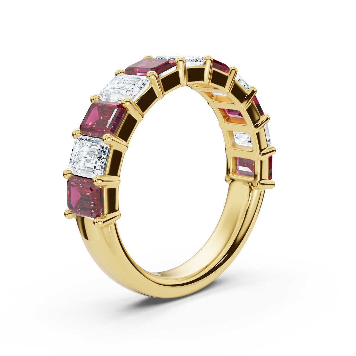 The Paradigm Band: Alternating Pink & White Emerald-Cut 2.2 CWT Diamond Ring in 18K Yellow Gold