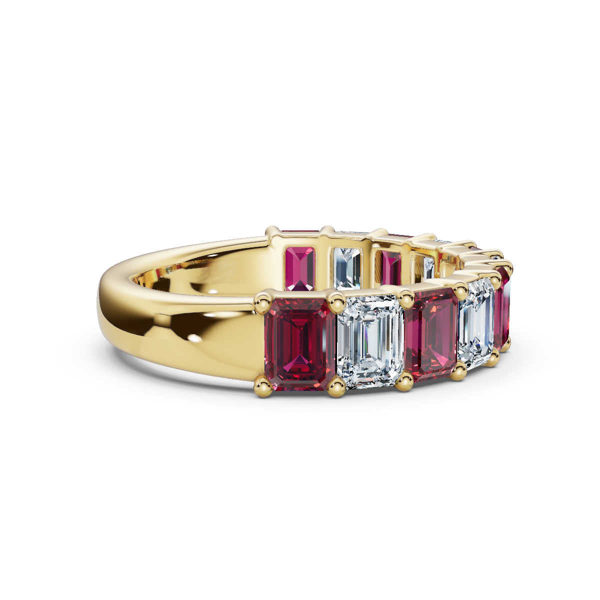 The Paradigm Band: Alternating Pink & White Emerald-Cut 2.2 CWT Diamond Ring in 18K Yellow Gold