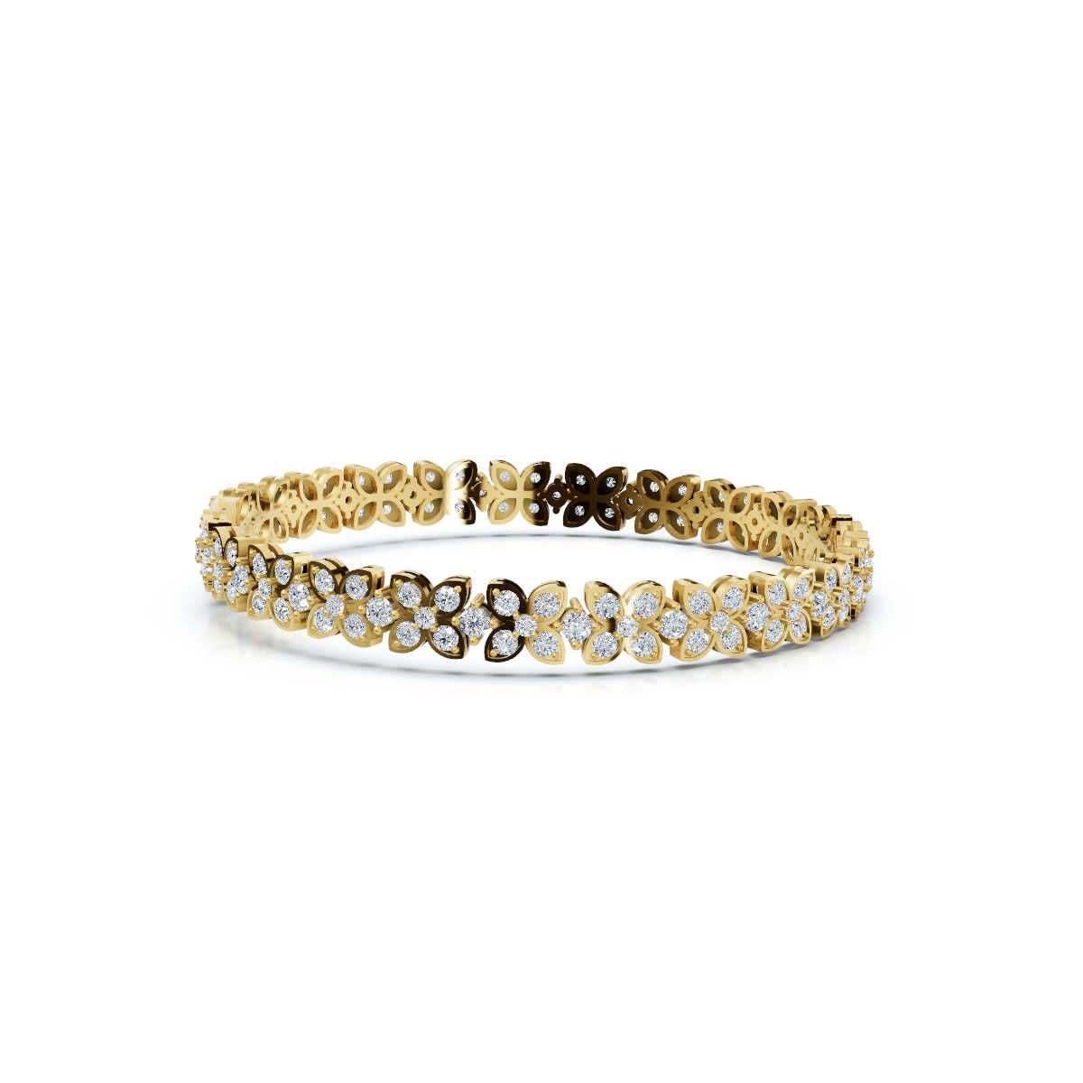 A yellow gold bracelet featuring a continuous line of flower motifs, some paved with clear stones and others with dark brown stones, set against a plain white background.