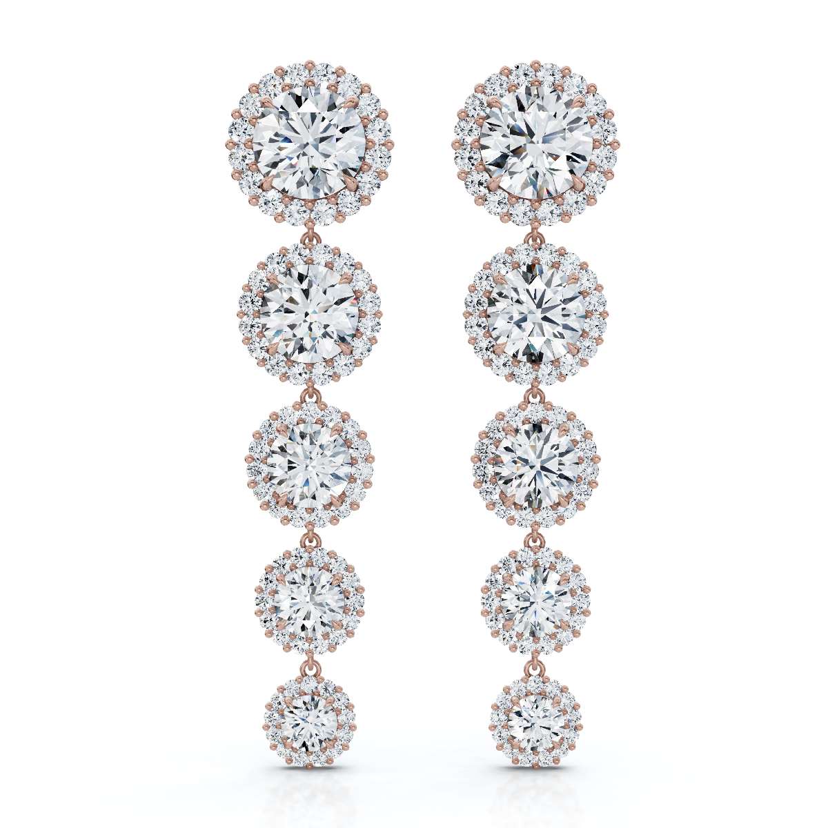The Sovereign Cascade: 11.77 CTW Graduated Round Brilliant Halo Drop Earrings 14K-18K Gold/Platinum