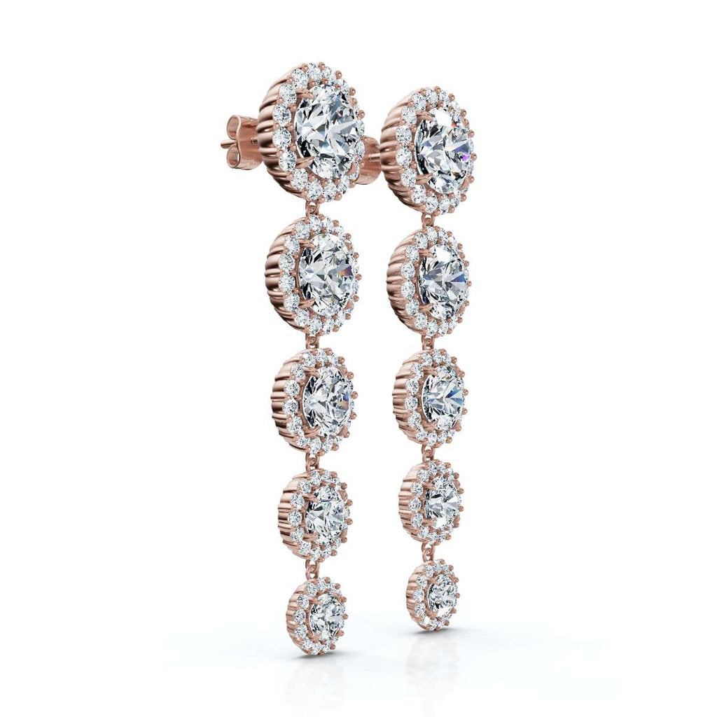 The Sovereign Cascade: 11.77 CTW Graduated Round Brilliant Halo Drop Earrings 14K-18K Gold/Platinum