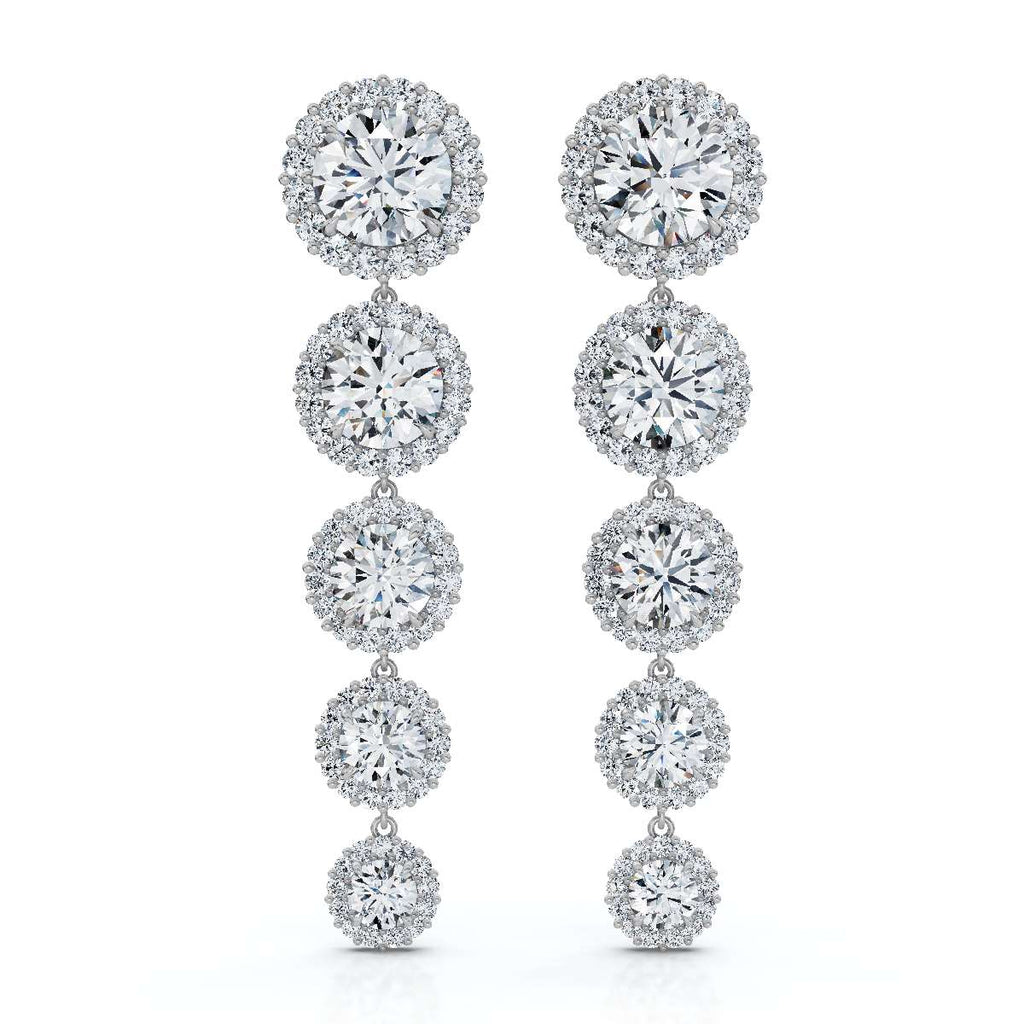 The Sovereign Cascade: 11.77 CTW Graduated Round Brilliant Halo Drop Earrings 14K-18K Gold/Platinum