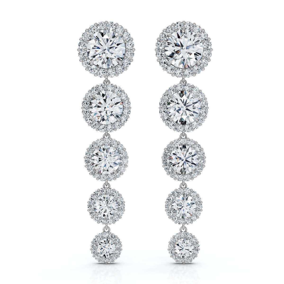 The Sovereign Cascade: 11.77 CTW Graduated Round Brilliant Halo Drop Earrings 14K-18K Gold/Platinum