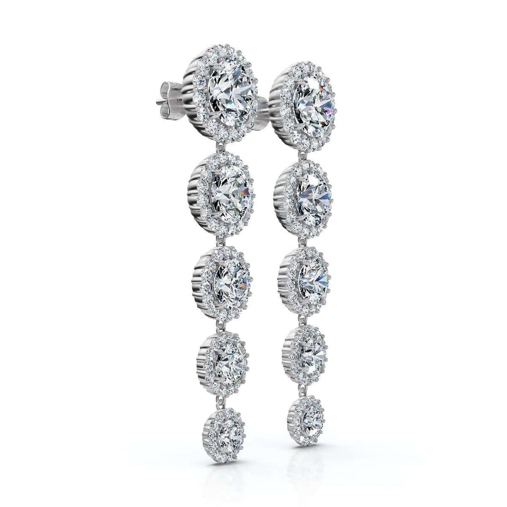 The Sovereign Cascade: 11.77 CTW Graduated Round Brilliant Halo Drop Earrings 14K-18K Gold/Platinum