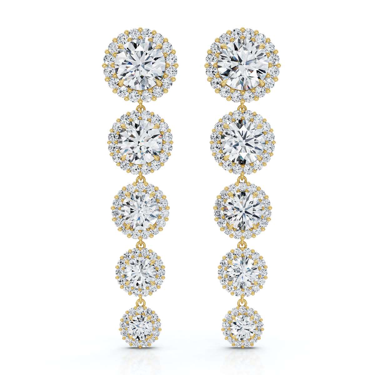 The Sovereign Cascade: 11.77 CTW Graduated Round Brilliant Halo Drop Earrings 14K-18K Gold/Platinum