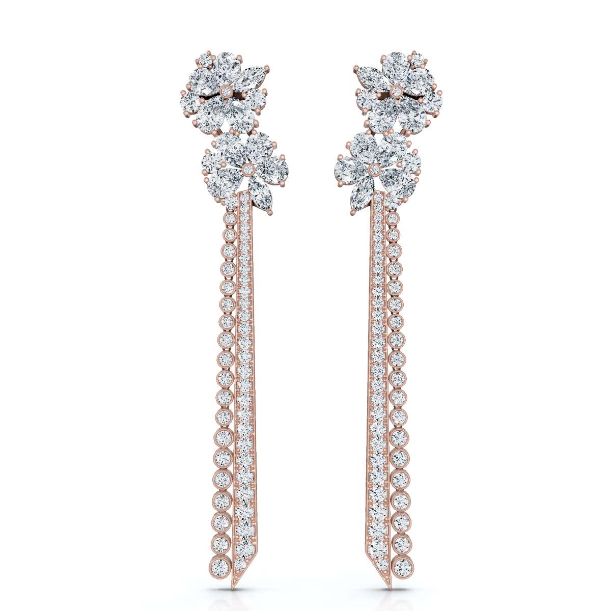 The Blossom Stiletto: 6.64 CTW Multi-Shape Floral Tassel Drop Earrings 14K-18K Gold/Platinum