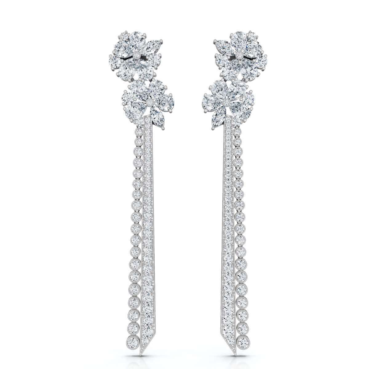 The Blossom Stiletto: 6.64 CTW Multi-Shape Floral Tassel Drop Earrings 14K-18K Gold/Platinum