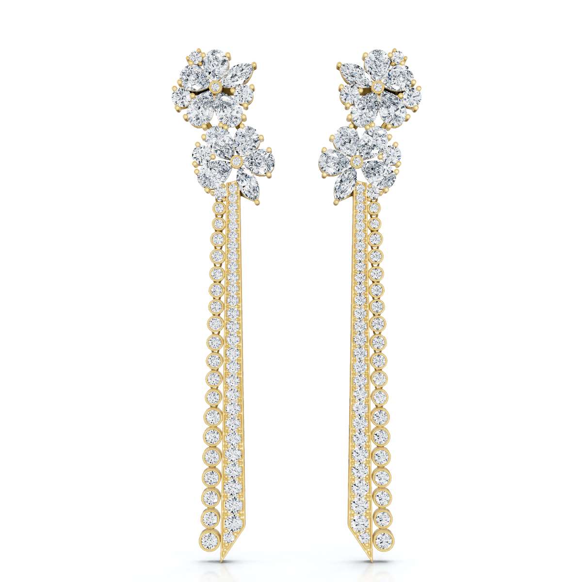 The Blossom Stiletto: 6.64 CTW Multi-Shape Floral Tassel Drop Earrings 14K-18K Gold/Platinum