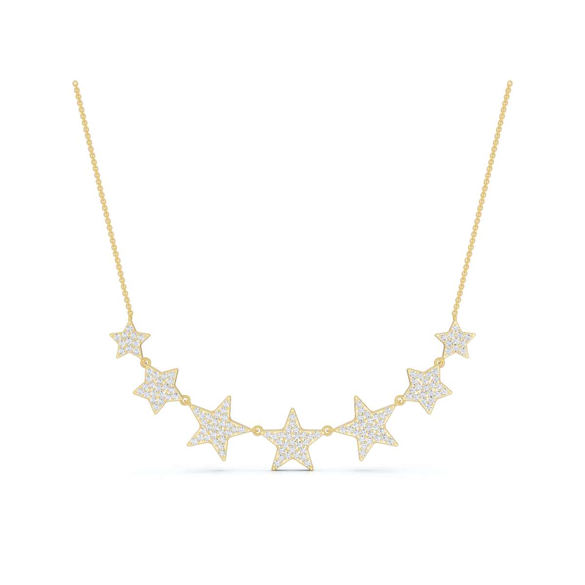 Gold necklace with star-shaped pendants on a white background
