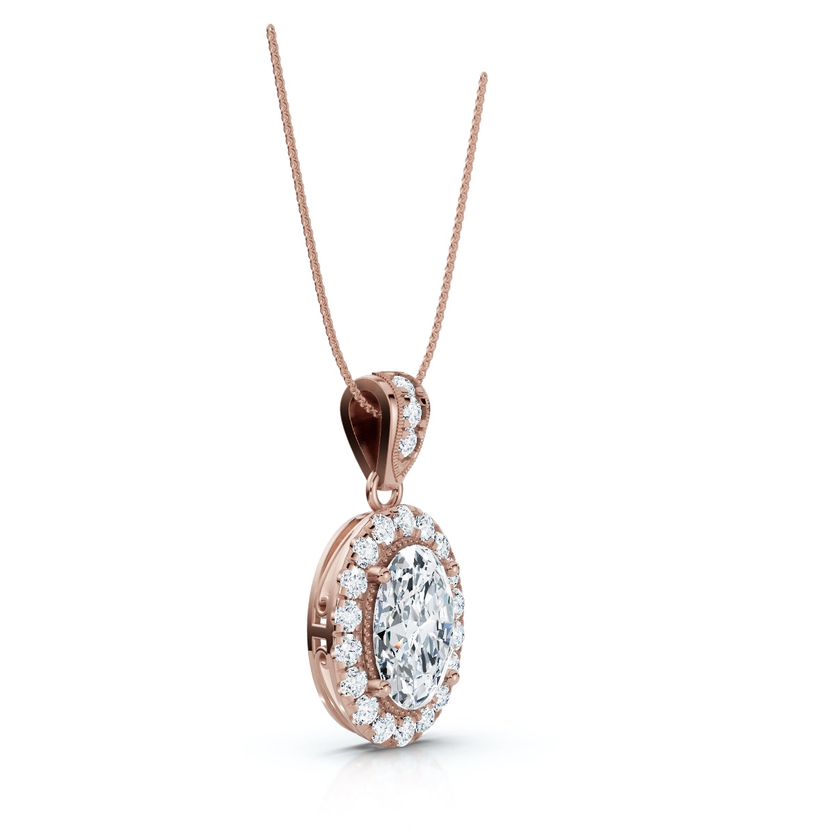 The Victoria Estate: 0.63 CTW Oval Halo & Ornate Tapered Bail Pendant 14K-18K Gold/Platinum