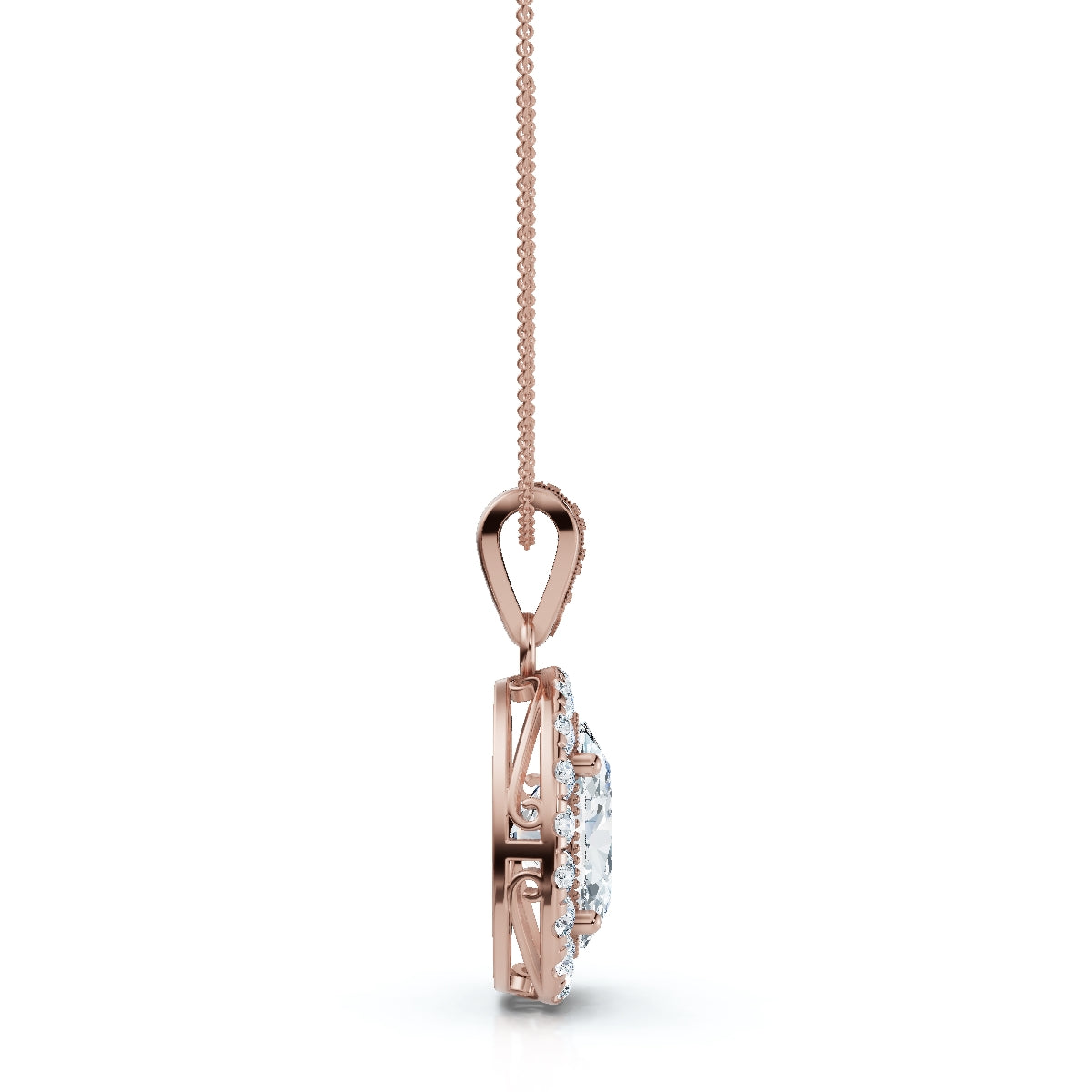 The Victoria Estate: 0.63 CTW Oval Halo & Ornate Tapered Bail Pendant 14K-18K Gold/Platinum
