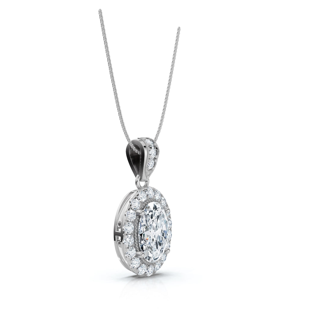 The Victoria Estate: 0.63 CTW Oval Halo & Ornate Tapered Bail Pendant 14K-18K Gold/Platinum