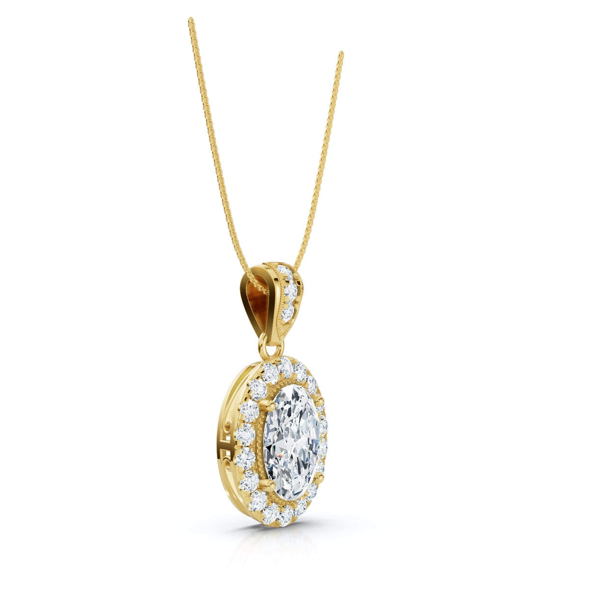 The Victoria Estate: 0.63 CTW Oval Halo & Ornate Tapered Bail Pendant 14K-18K Gold/Platinum