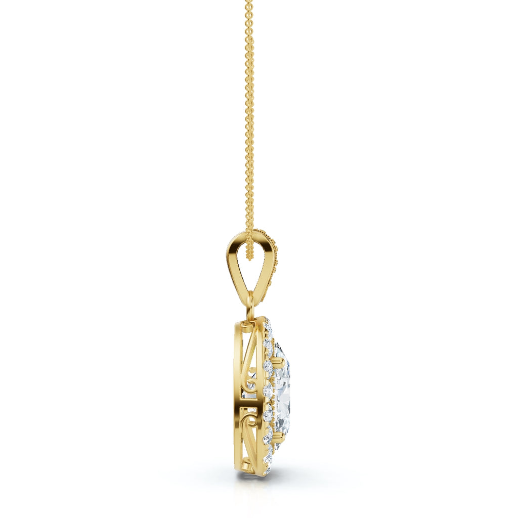 The Victoria Estate: 0.63 CTW Oval Halo & Ornate Tapered Bail Pendant 14K-18K Gold/Platinum