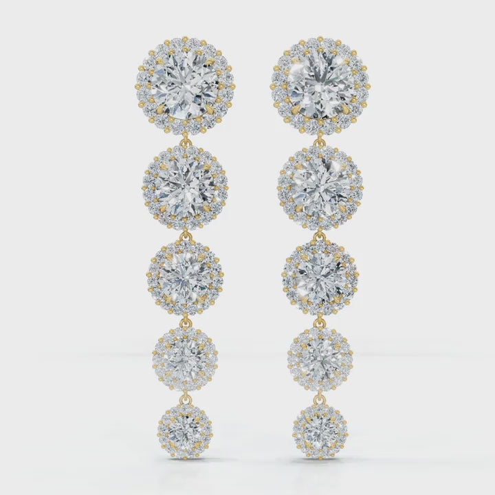 The Sovereign Cascade: 11.77 CTW Graduated Round Brilliant Halo Drop Earrings 14K-18K Gold/Platinum
