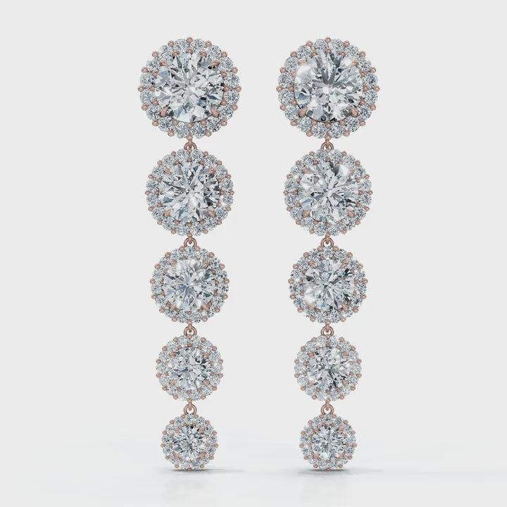 The Sovereign Cascade: 11.77 CTW Graduated Round Brilliant Halo Drop Earrings 14K-18K Gold/Platinum