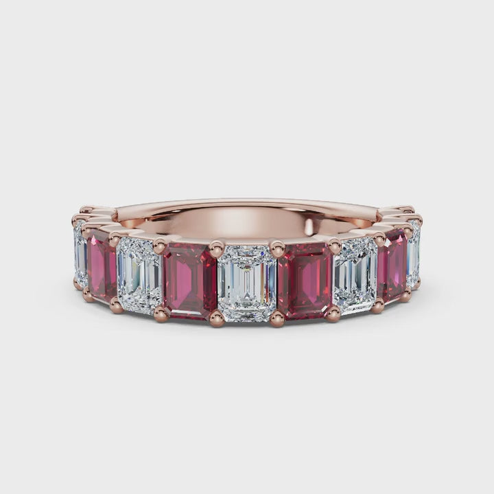 The Paradigm Band: Alternating Pink & White Emerald-Cut Diamond Ring in 18K Rose Gold