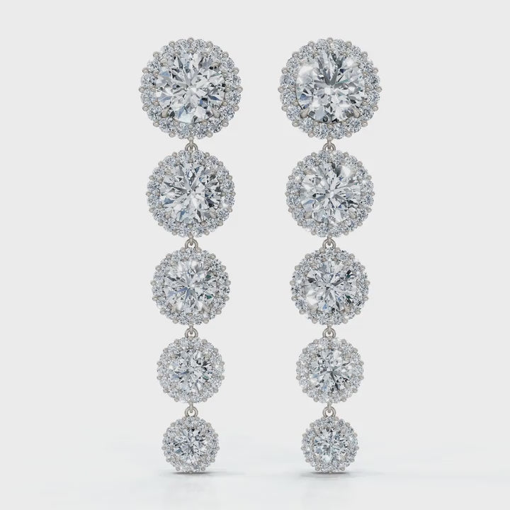 The Sovereign Cascade: 11.77 CTW Graduated Round Brilliant Halo Drop Earrings 14K-18K Gold/Platinum
