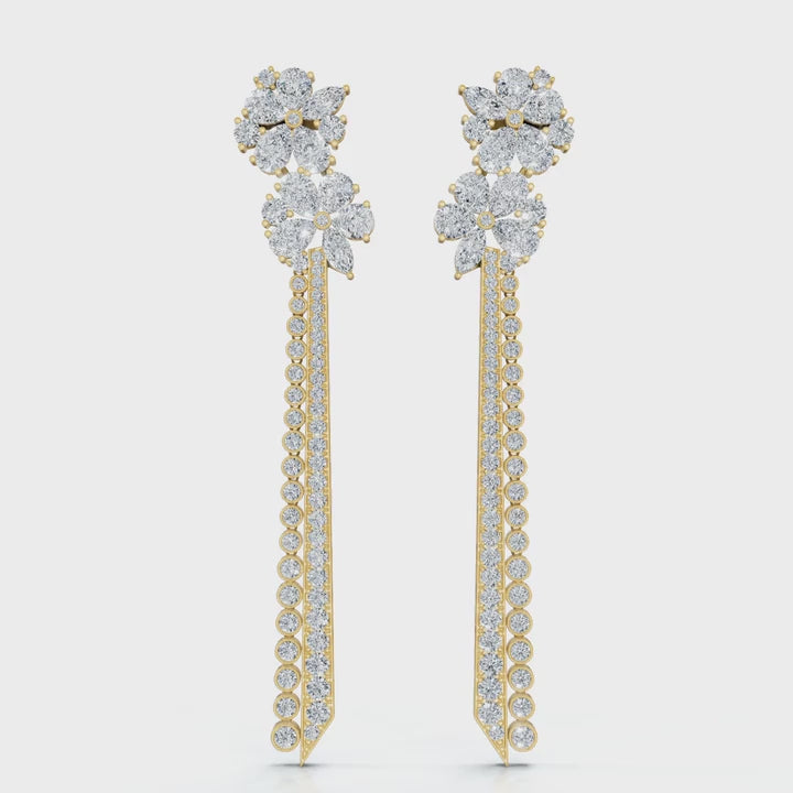 The Blossom Stiletto: 6.64 CTW Multi-Shape Floral Tassel Drop Earrings 14K-18K Gold/Platinum