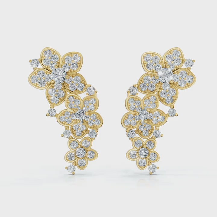 The Blossom Cascade: 3.30 CTW Lab-Grown Diamond Floral Crawler Studs 14K-18K Gold/Platinum