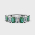 The Paradigm Band: Alternating Green & White Emerald-Cut Diamond Ring in 14K White Gold