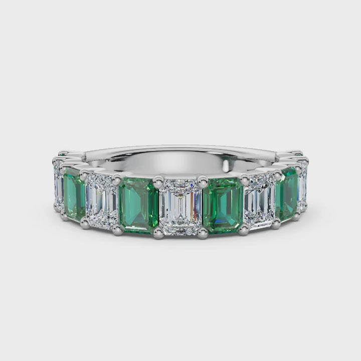 The Paradigm Band: Alternating Green & White Emerald-Cut Diamond Ring in 14K White Gold
