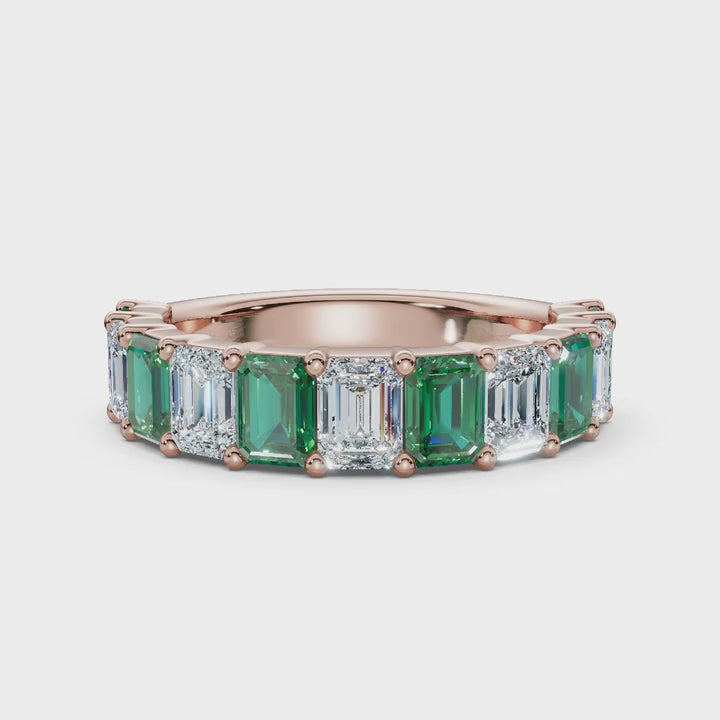 The Paradigm Band: Alternating Green & White Emerald-Cut 2.2 CWT Diamond Ring in 14K Rose Gold