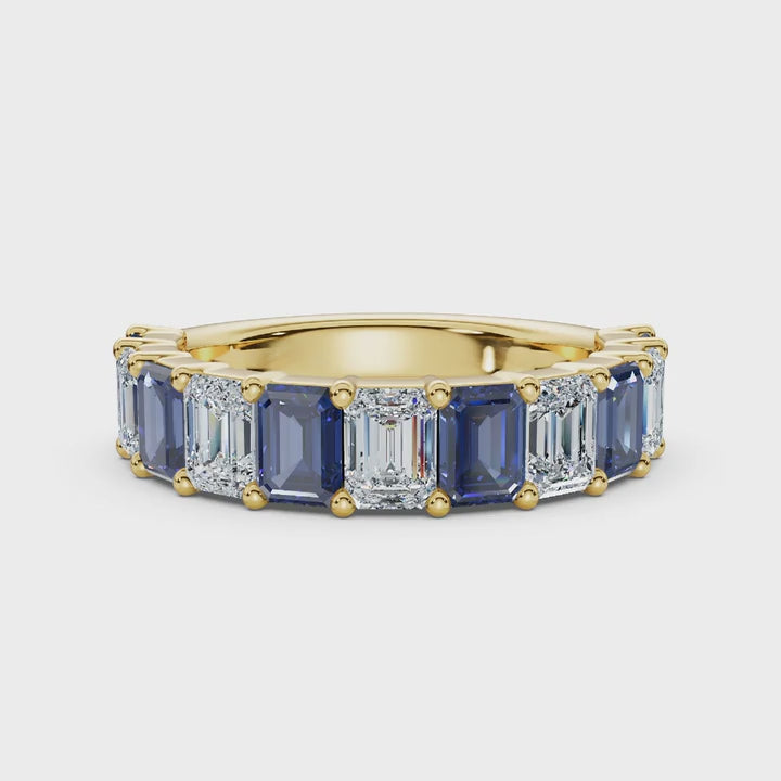 The Paradigm Band: 2.20 CTW Alternating White & Blue Emerald-Cut Lab-Grown Diamond Ring in 18K Yellow Gold