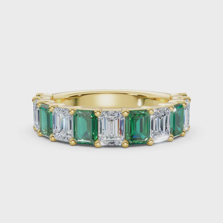 The Paradigm Band: Alternating Green & White Emerald-Cut 2.2 CWT Diamond Ring in 14K Yellow Gold Ring