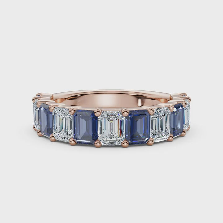 The Paradigm Band: 2.20 CTW Alternating White & Blue Emerald-Cut Lab-Grown Diamond Ring in 14K-18K Rose Gold