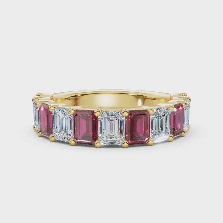 The Paradigm Band: Alternating Pink & White Emerald-Cut 2.2 CWT Diamond Ring in 18K Yellow Gold